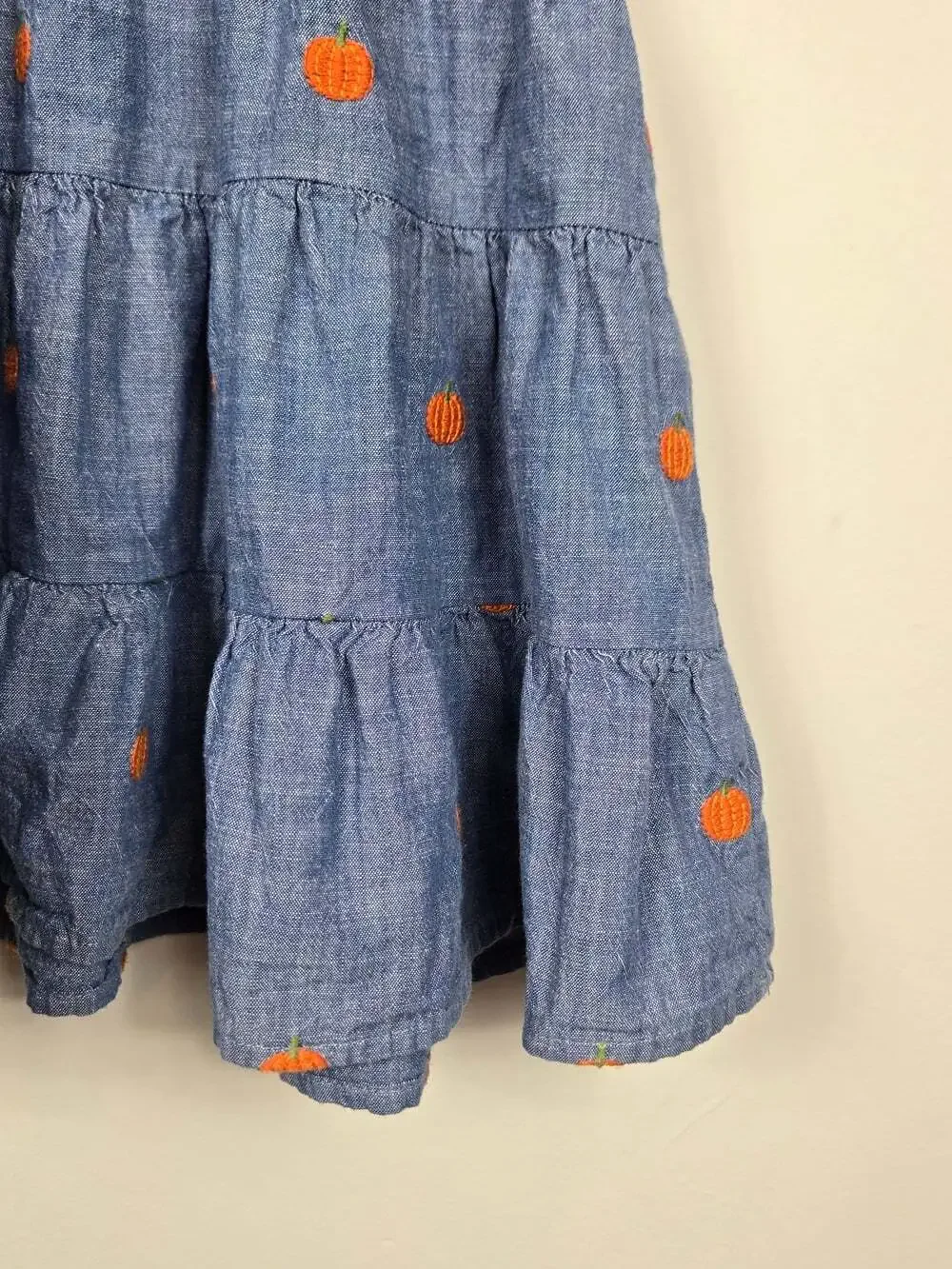 Gymboree Girls Size 7 Chambray Pumpkin Overall Dress Fall Tiered Pinafore